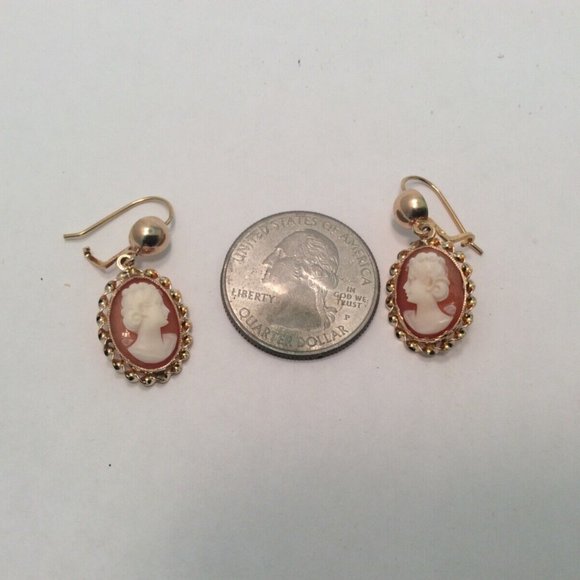 14K YELLOW Real GOLD CARVED SHELL CAMEO DROP EARRINGS 3.40gr - Picture 3 of 9